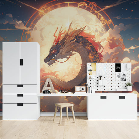 Dragon fantasy wallpaper showcased in modern gaming room with ambient lighting