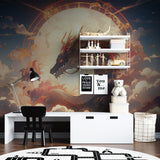Mystical dragon wall mural creating drama in teen bedroom setup
