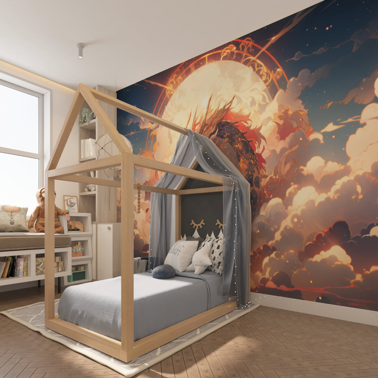 Dragon mural wallpaper adding character to reading nook corner