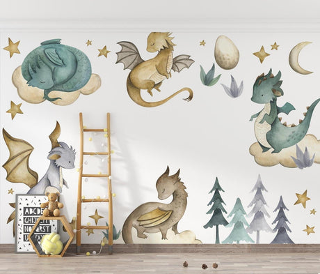 Dragon wallpaper mural showcased in a bright nursery with white furniture and soft textiles
