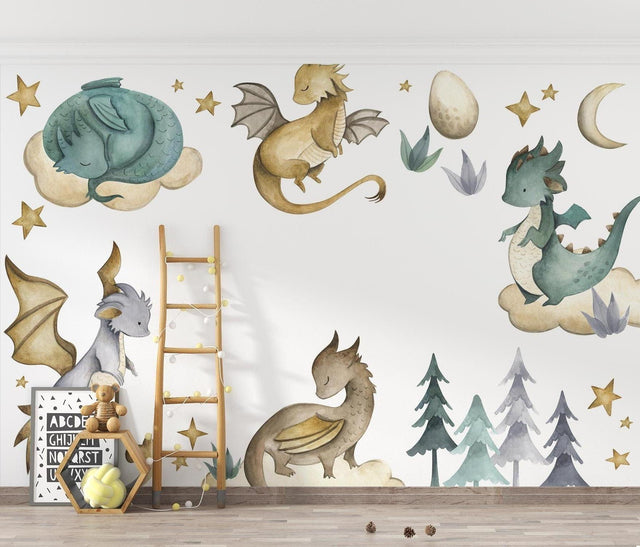 Dragon wallpaper mural showcased in a bright nursery with white furniture and soft textiles