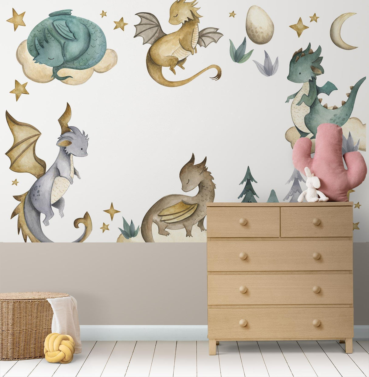 Magical dragon wall mural displayed in a children's playroom with reading nook