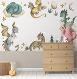 Magical dragon wall mural displayed in a children's playroom with reading nook