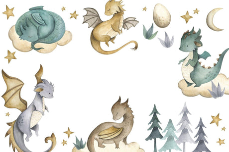 Dragon wallpaper design file showing watercolor baby dragons, stars, and clouds pattern