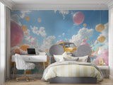 Dream car wallpaper in modern kids bedroom showing floating yellow car with pink balloons