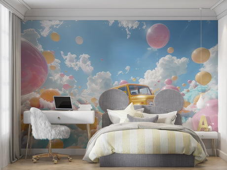 Dream car wallpaper in modern kids bedroom showing floating yellow car with pink balloons
