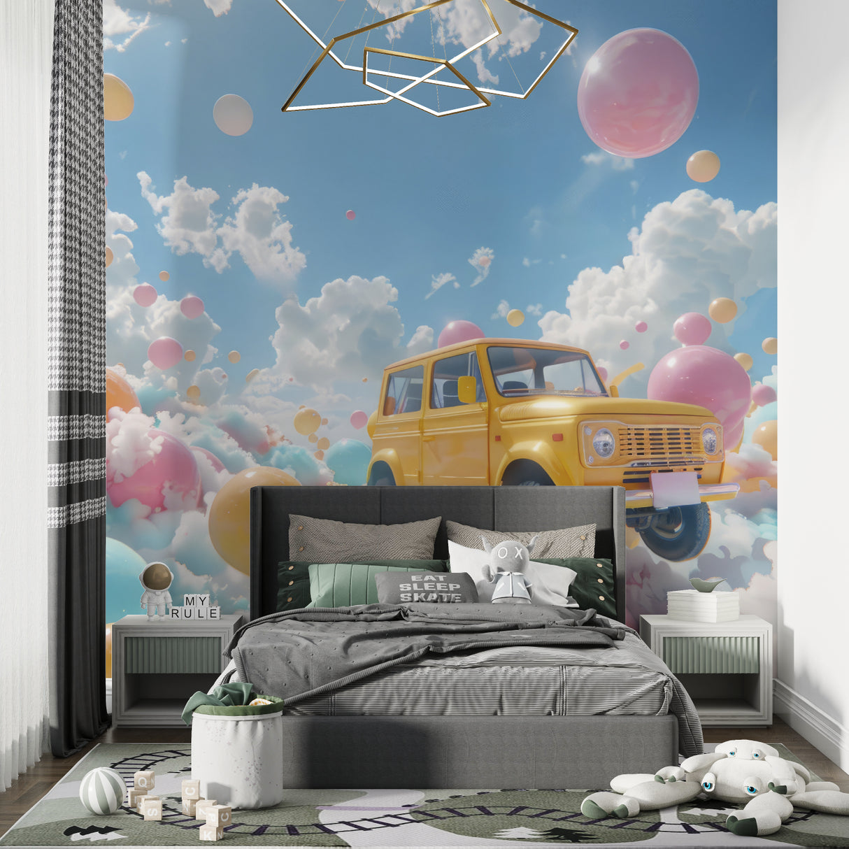 Playroom featuring fantasy car wall mural with dreamy pink balloon design