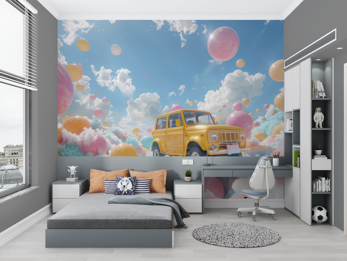 Teen bedroom wall decorated with vintage car and balloon wallpaper