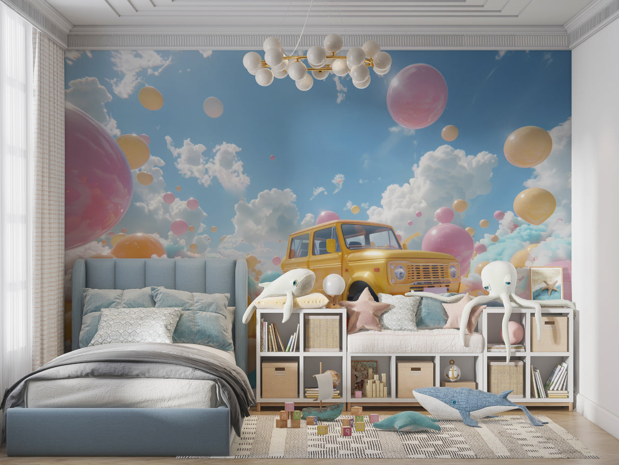 Nursery room showcasing whimsical car wallpaper with floating elements