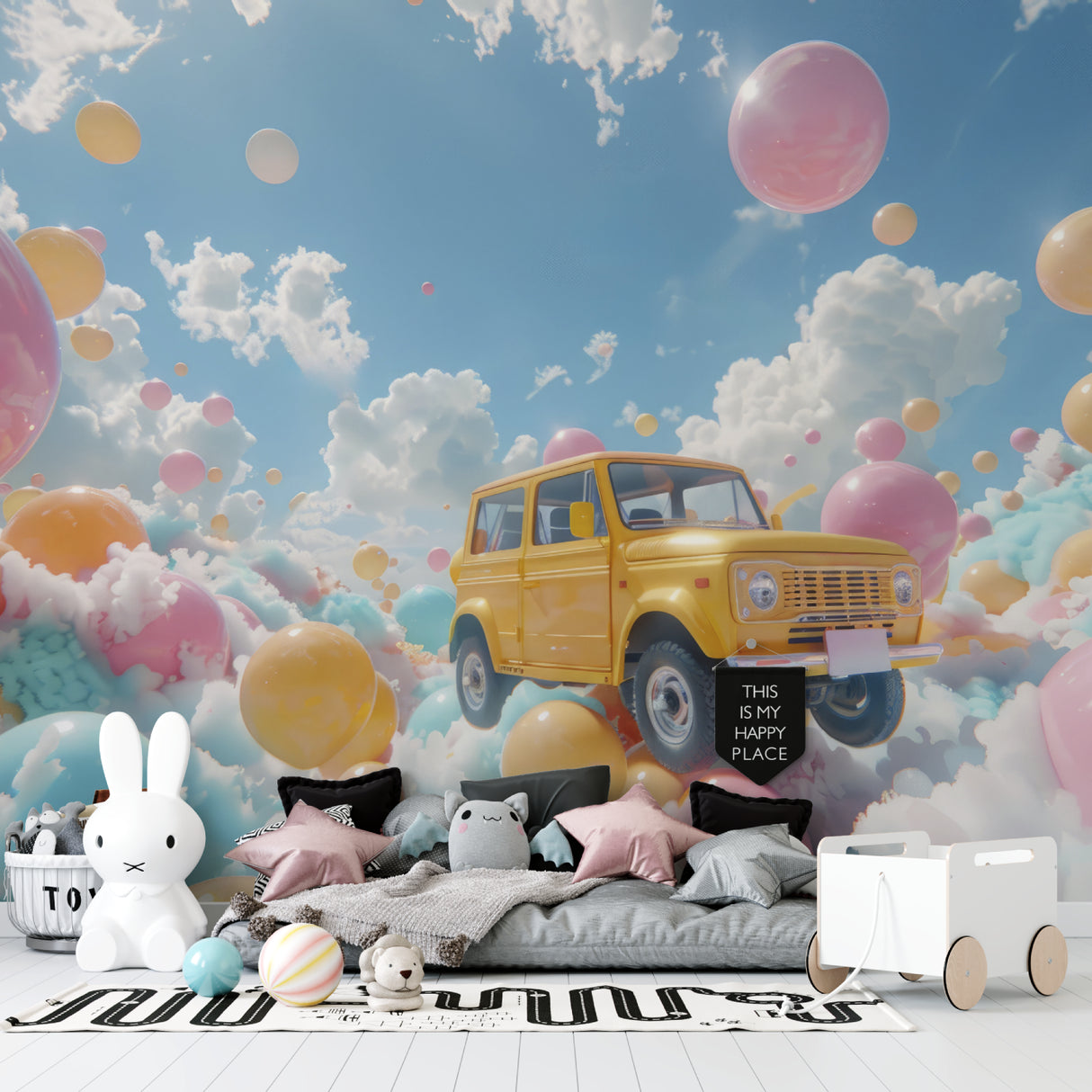 Home office featuring dreamy car and balloon mural design