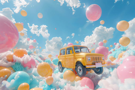 Design file of yellow vintage car with pink balloons floating in crystal blue sky