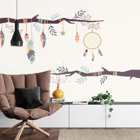 Dreamcatcher wall mural creating a peaceful atmosphere in a modern bedroom with soft natural lighting
