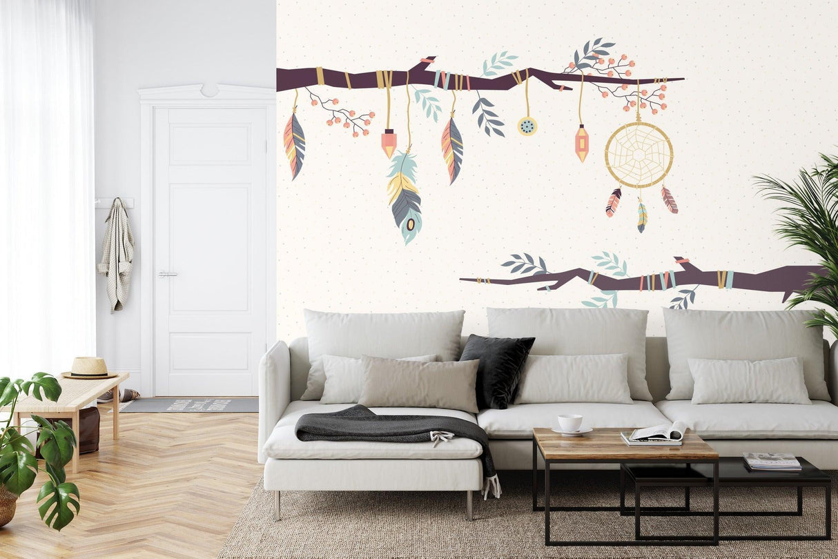 Boho feather wallpaper bringing charm to a cozy reading nook with plush cushions