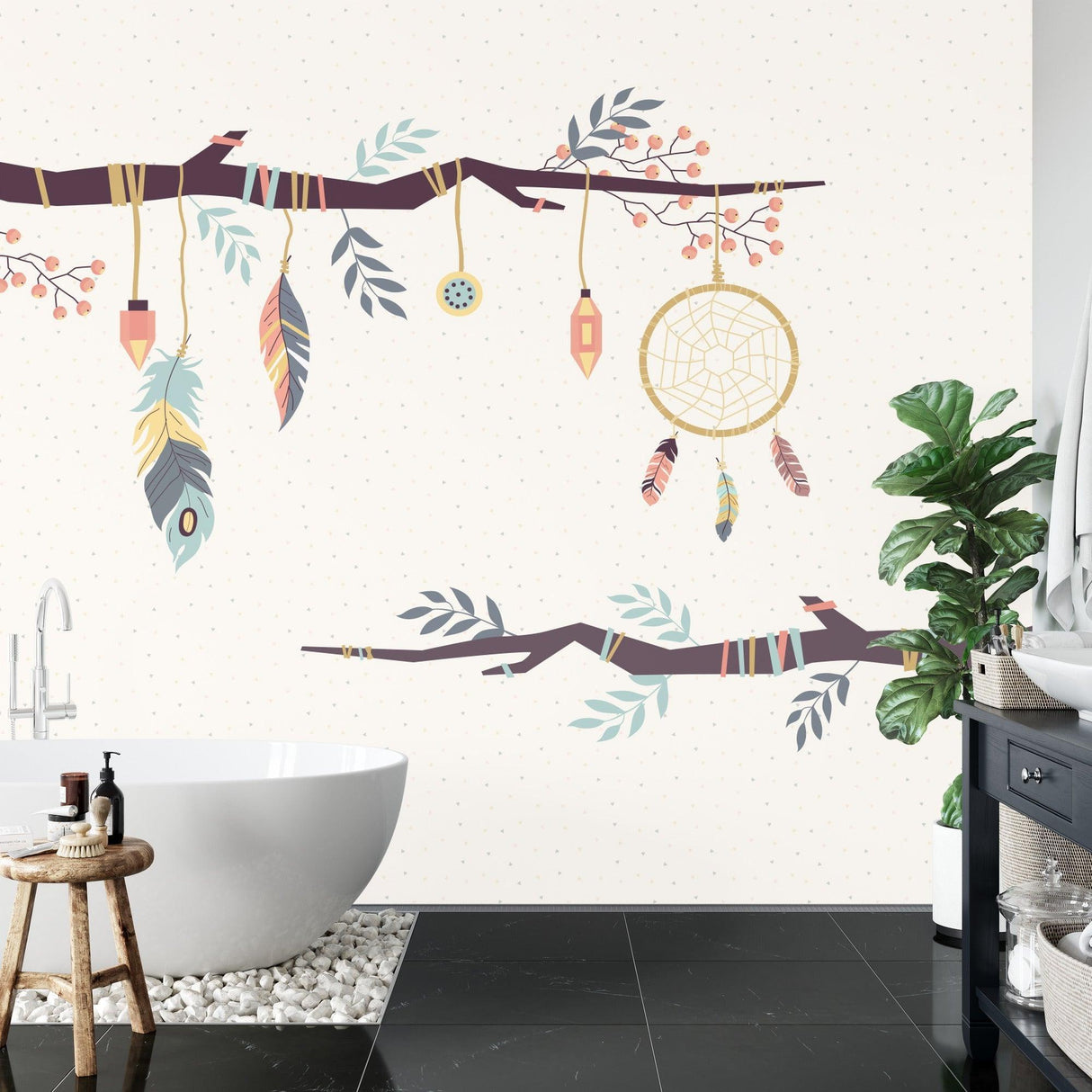 Bohemian dreamcatcher mural featured in a teen's room with vintage furniture