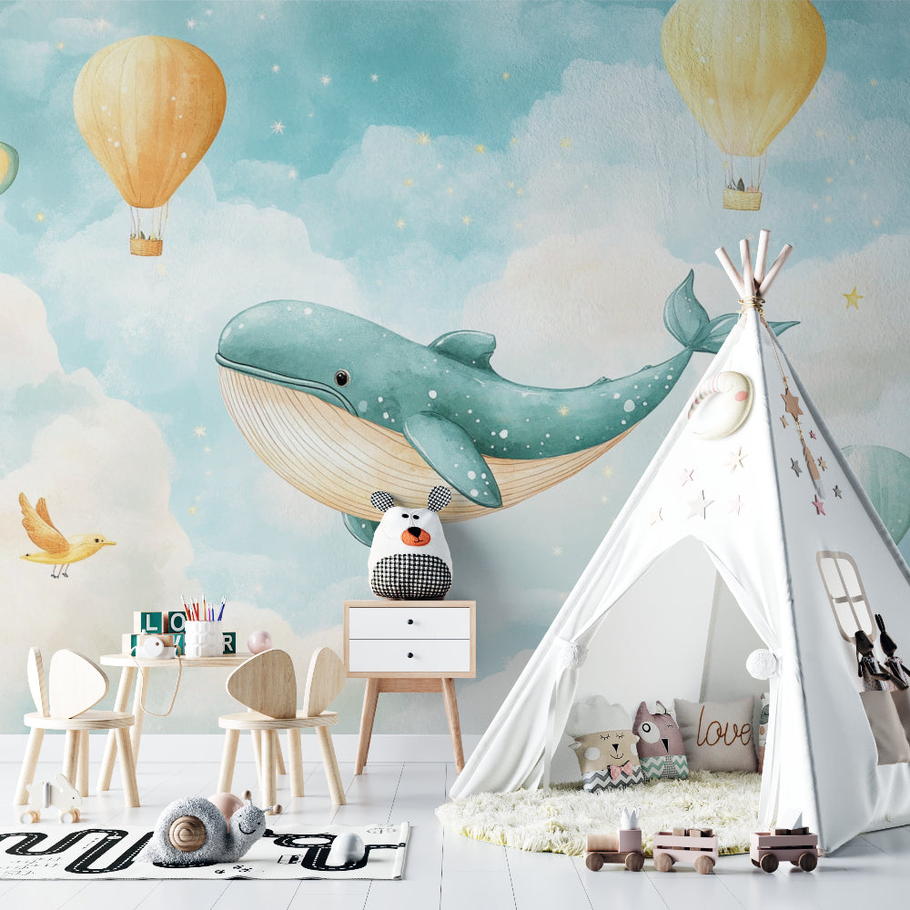 Kids bedroom featuring whale wallpaper mural with golden hot air balloons