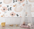 Duck nursery wallpaper creating a cozy atmosphere in a modern baby room with white furniture