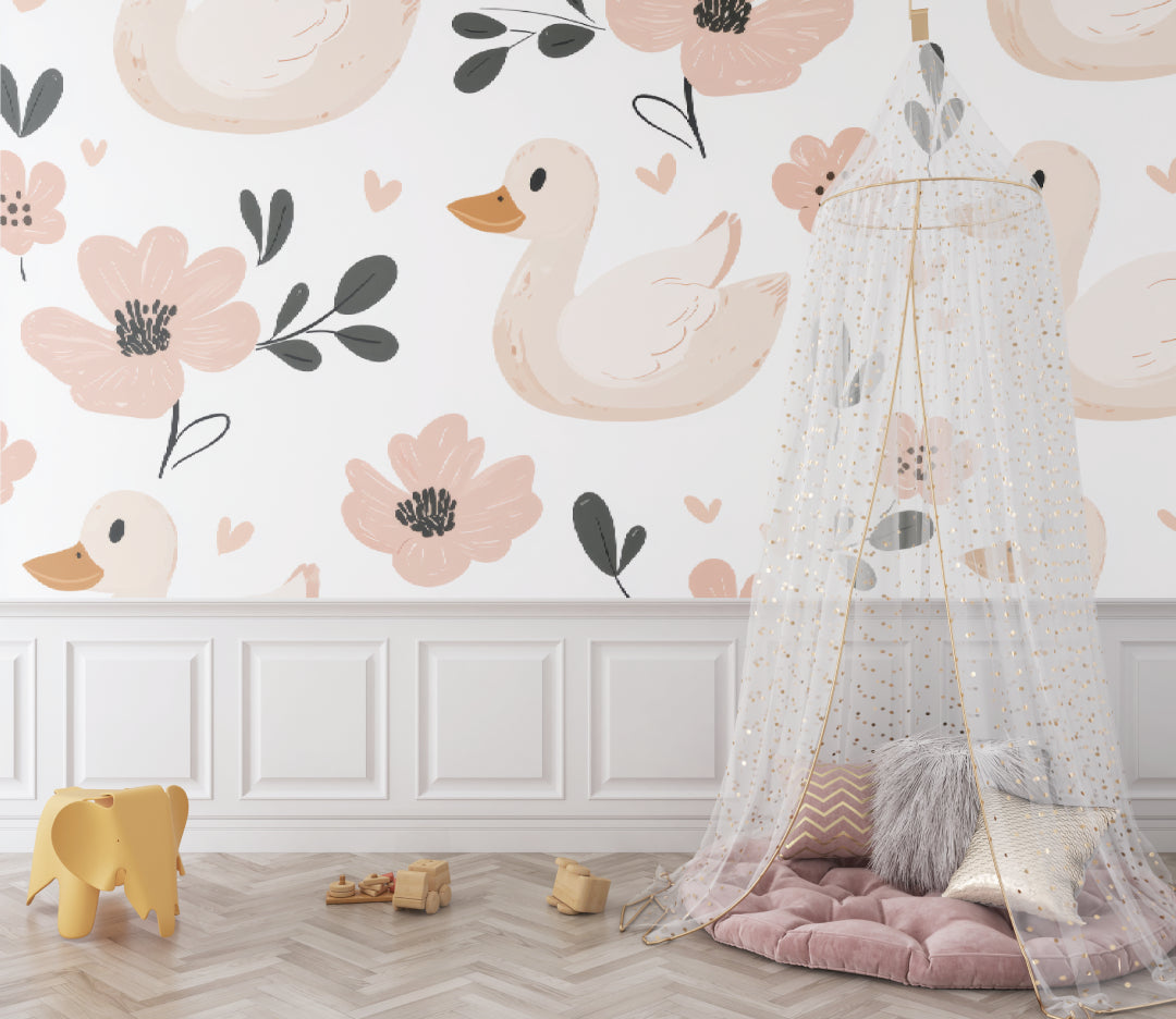 Duck nursery wallpaper creating a cozy atmosphere in a modern baby room with white furniture