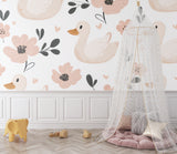 Duck nursery wallpaper creating a cozy atmosphere in a modern baby room with white furniture