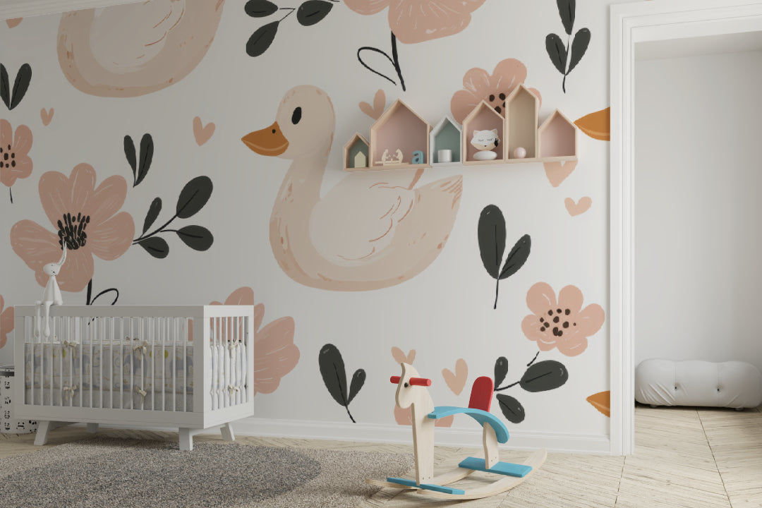 Pink duck wallpaper bringing charm to a girl's bedroom with natural light