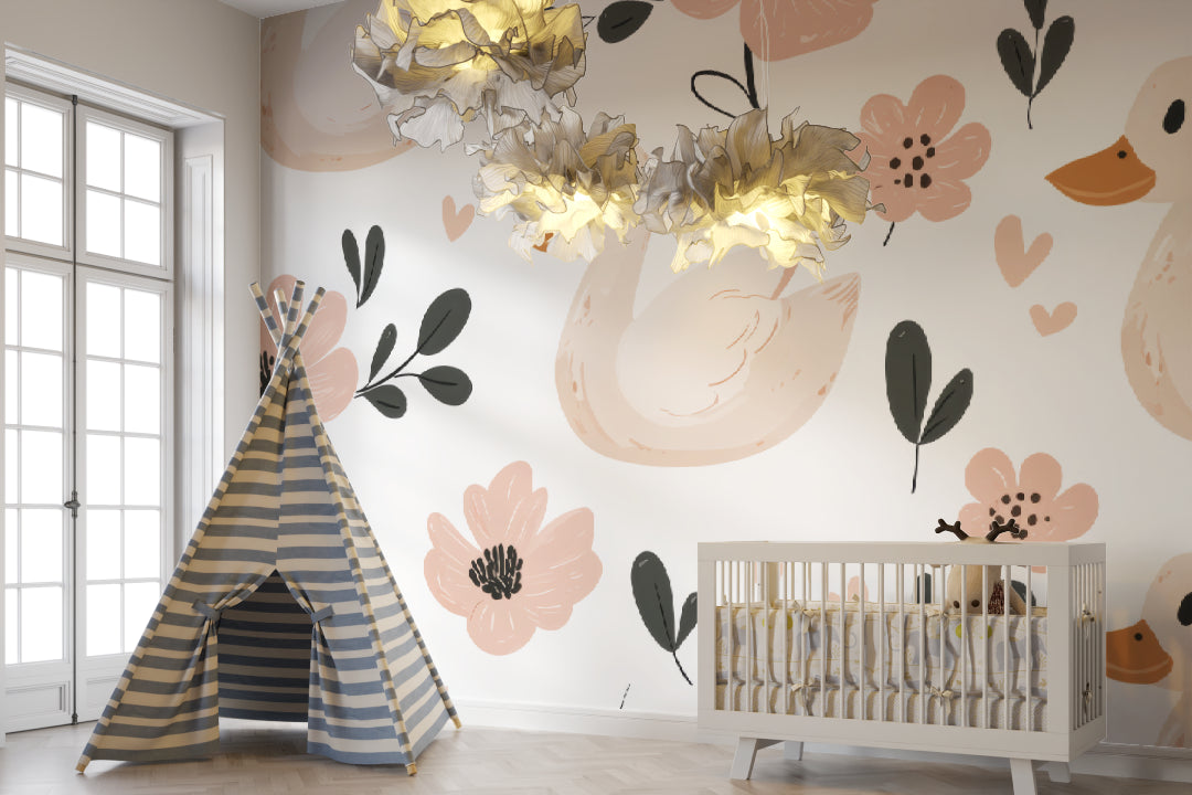 Duck and flower pattern wallpaper in a peaceful baby room with crib
