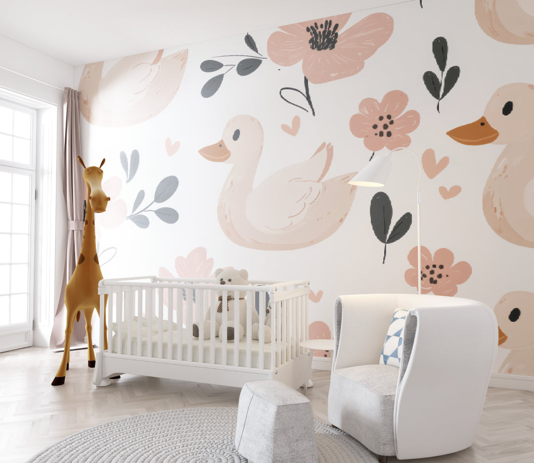 Pink nursery wallpaper with ducks creating magic in a toddler's room