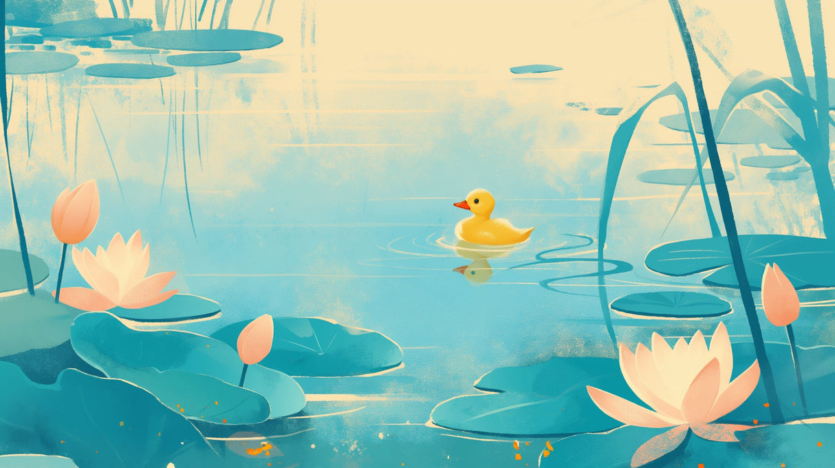 Duck pond wallpaper mural creating a dreamy atmosphere in a modern bathroom with freestanding tub