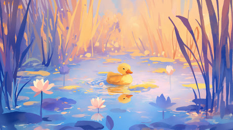 Duck pond wallpaper mural creating a peaceful atmosphere in a bright living room with natural light and modern furniture