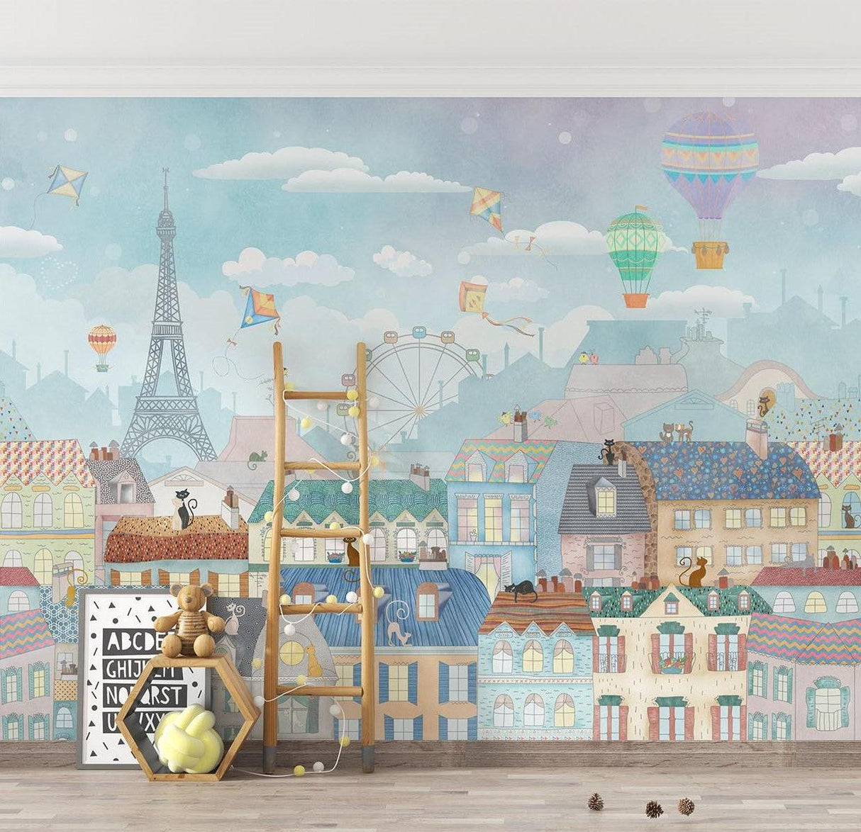 Papier Peint Mural Paris | Paysage Urbain Fantaisiste Avec Montgolfières