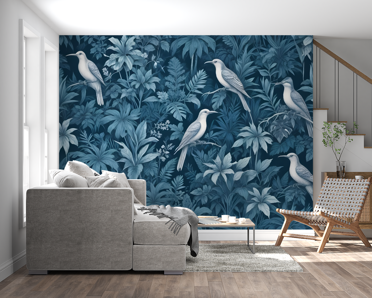 Tropical Birds Mural Wallpaper | Blue Jungle Paradise Design