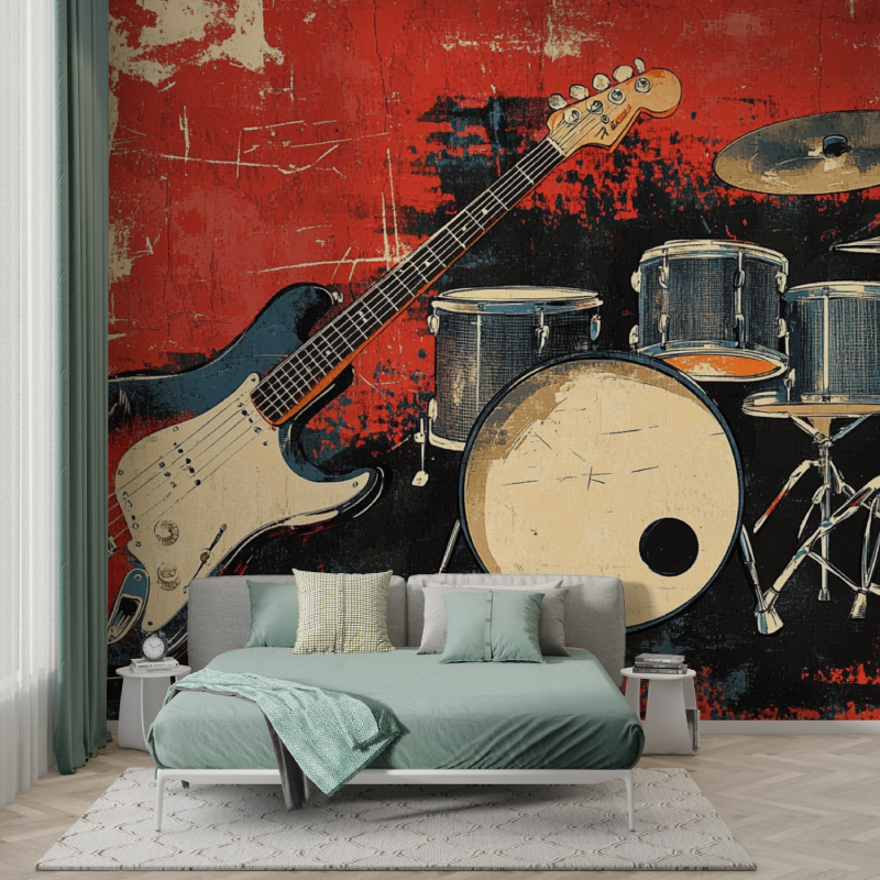 Music Mural Wallpaper | Vintage Rock Band Instruments