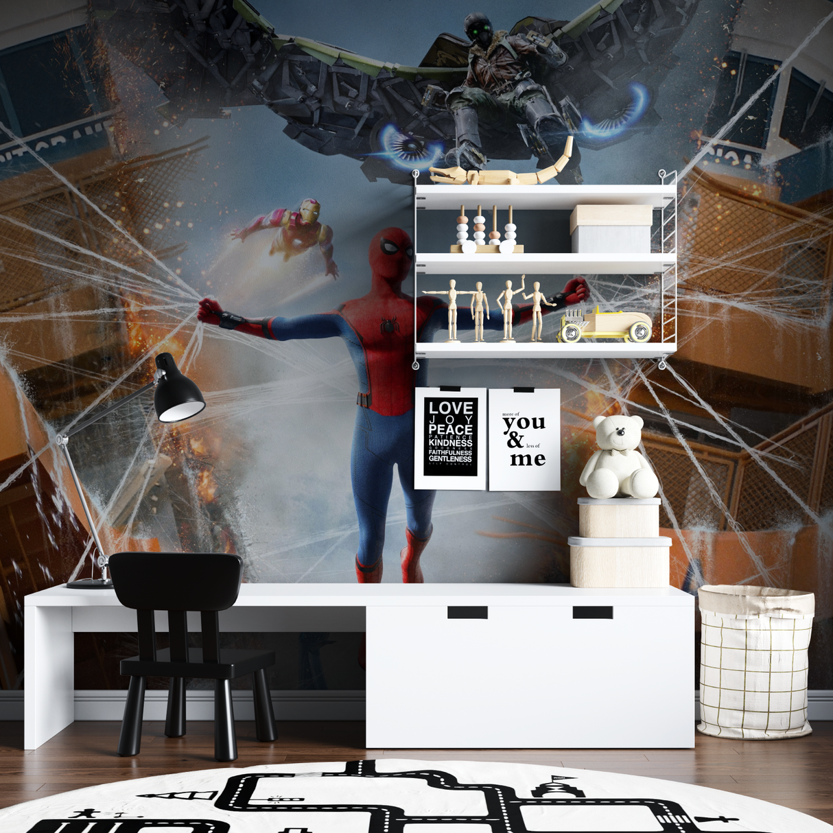 Superhero Mural Wallpaper | Spider-Man Battle Scene with Iron Man