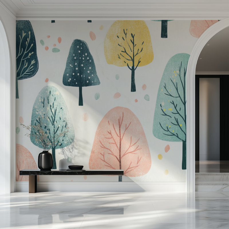 Forest Mural Wallpaper | Pastel Trees Watercolor Design