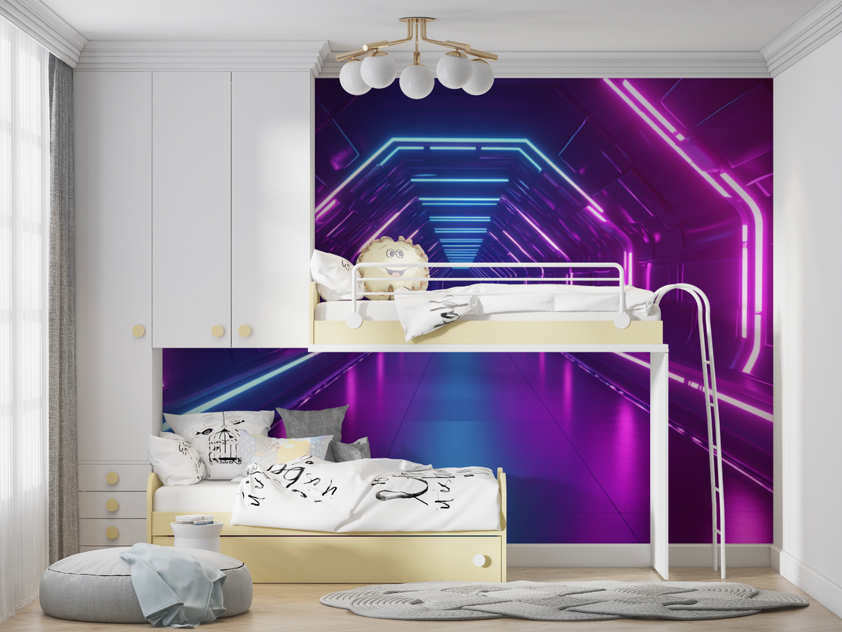 Gaming Mural Wallpaper | Neon Tunnel with Purple and Blue Lights