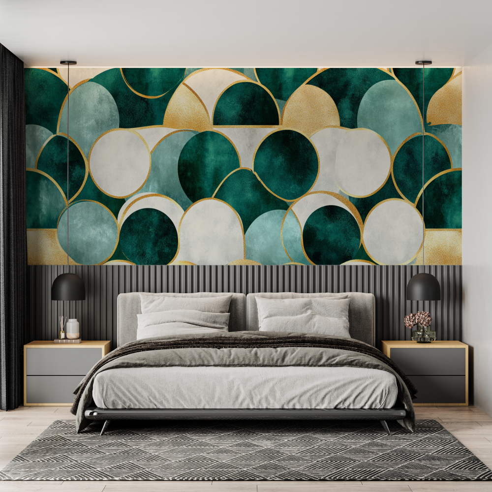 Geometric Mural Wallpaper | Art Deco Green and Gold Circles