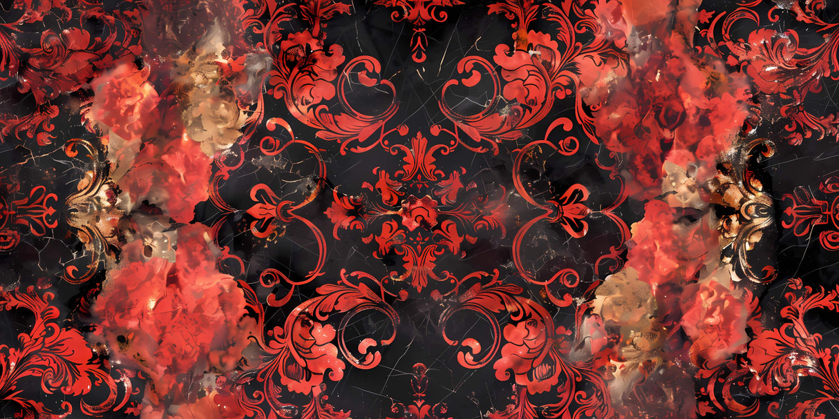 Baroque Mural Wallpaper | Red and Black Damask Pattern