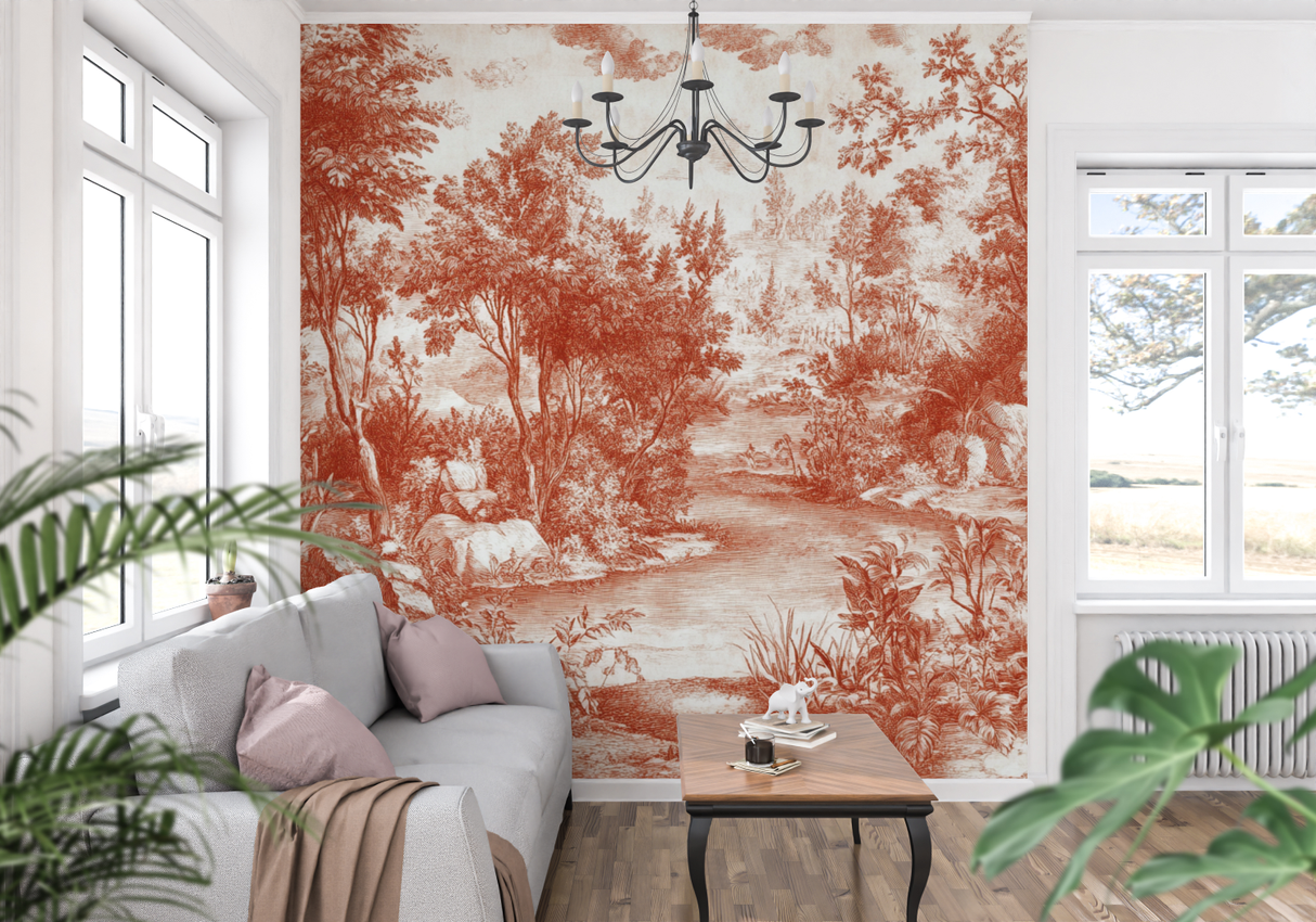 Toile de Jouy Mural Wallpaper | Terracotta Forest Scene