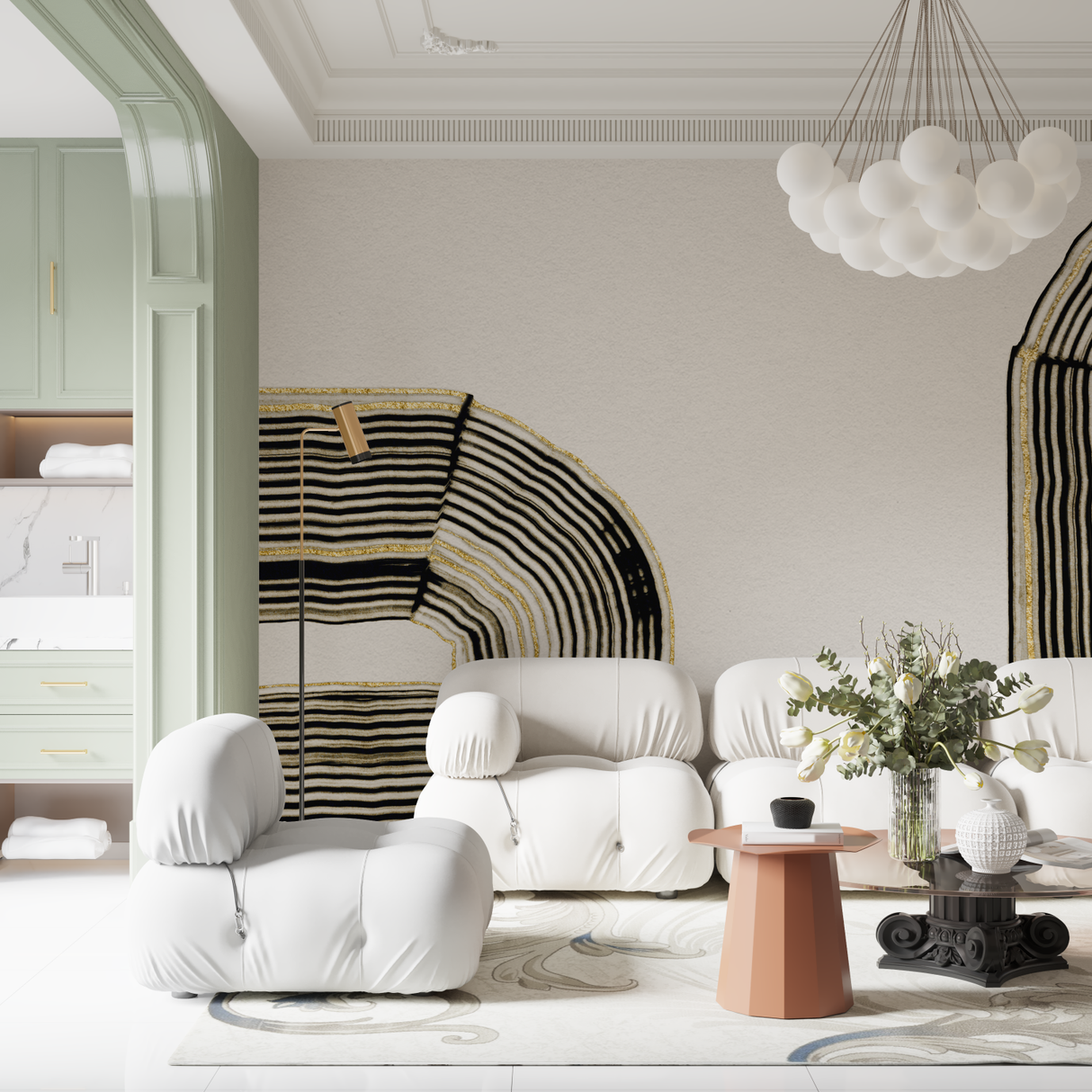 Abstract Mural Wallpaper | Black and Gold Curved Lines