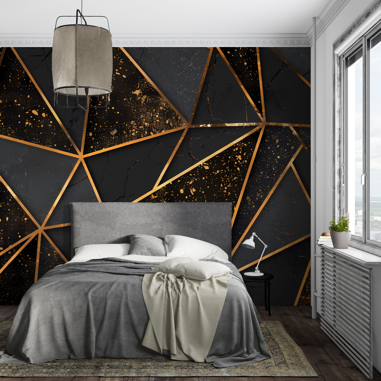Geometric Mural Wallpaper | 3D Black and Gold Cubes Design