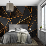 Geometric Mural Wallpaper | 3D Black and Gold Cubes Design