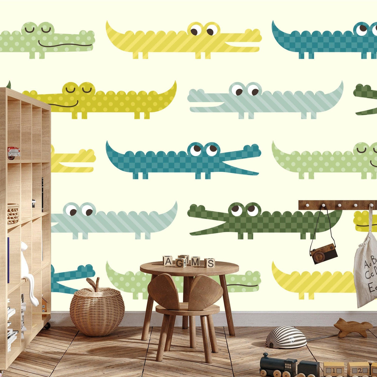 Crocodile Mural Wallpaper | Playful Geometric Pattern in Pastel Colors