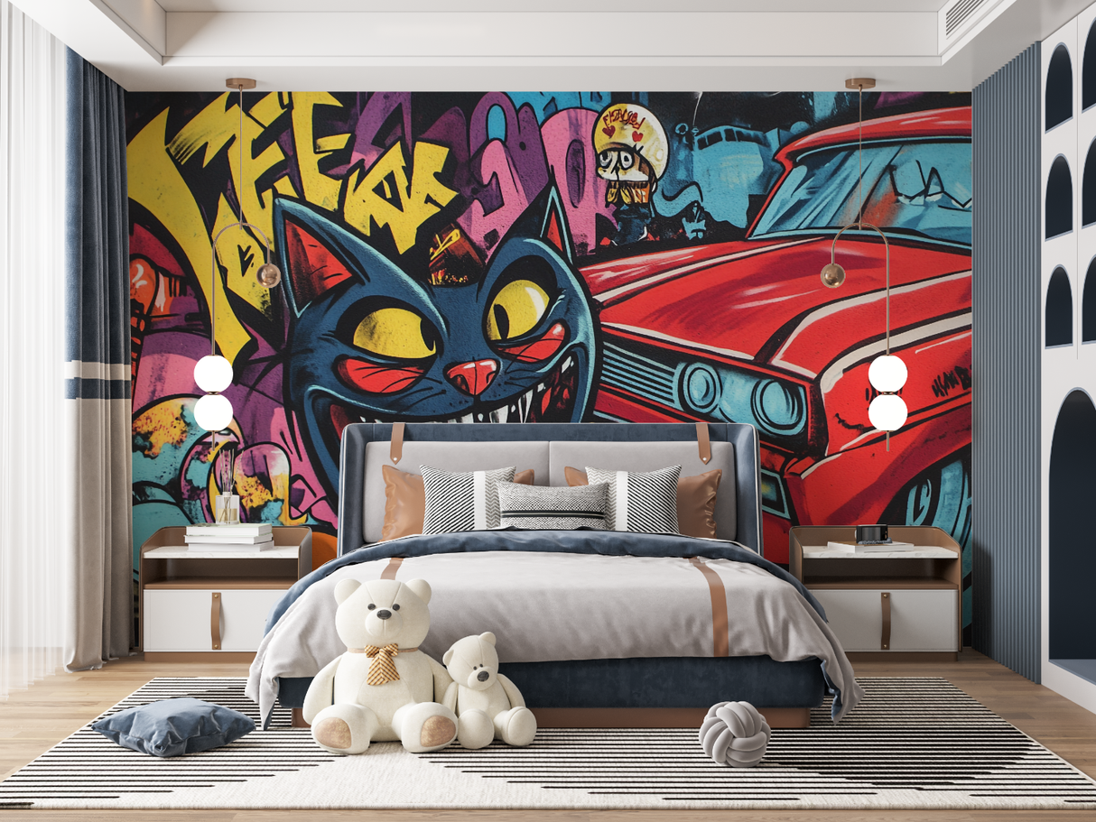Street Art Mural Wallpaper | Urban Graffiti Cat and Classic Car