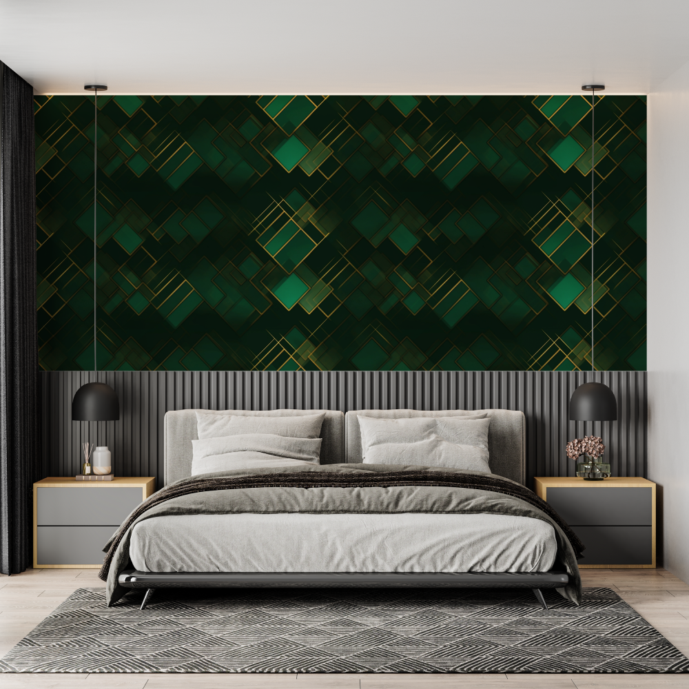 Geometric Mural Wallpaper | Art Deco Green and Gold Pattern