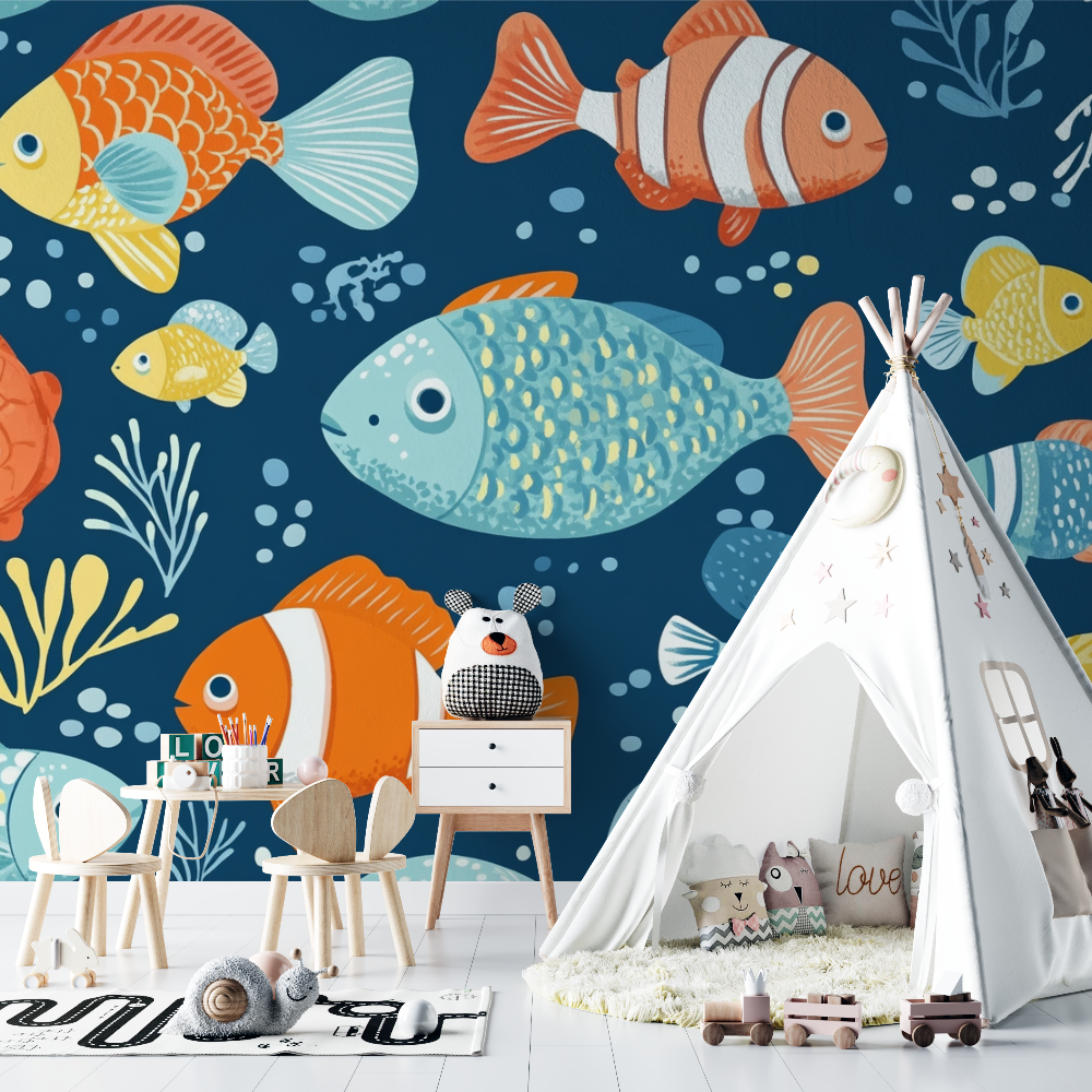 Marine Animals Mural Wallpaper | Playful Ocean Fish Design