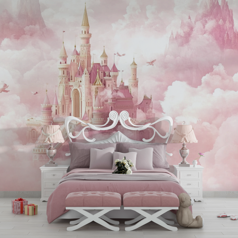 Princess Castle Mural Wallpaper | Pink Fantasy with Golden Spires