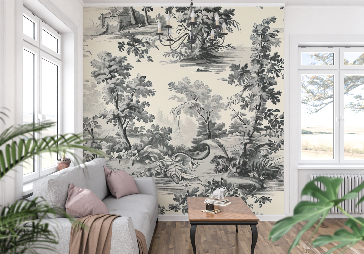 Vintage Mural Wallpaper | Toile de Jouy Grey Botanical Scene