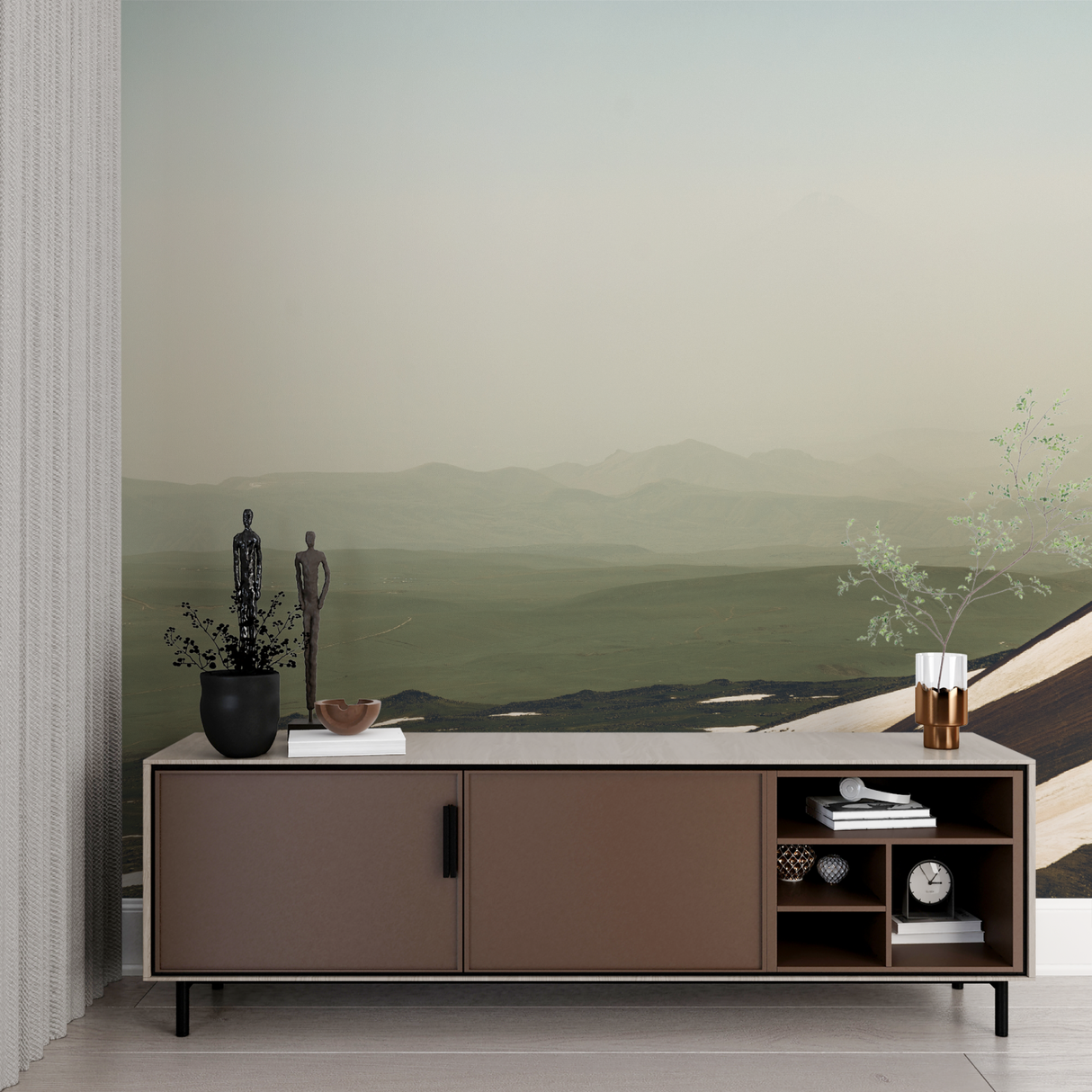 Mountain Mural Wallpaper | Misty Green Landscape with White Waves