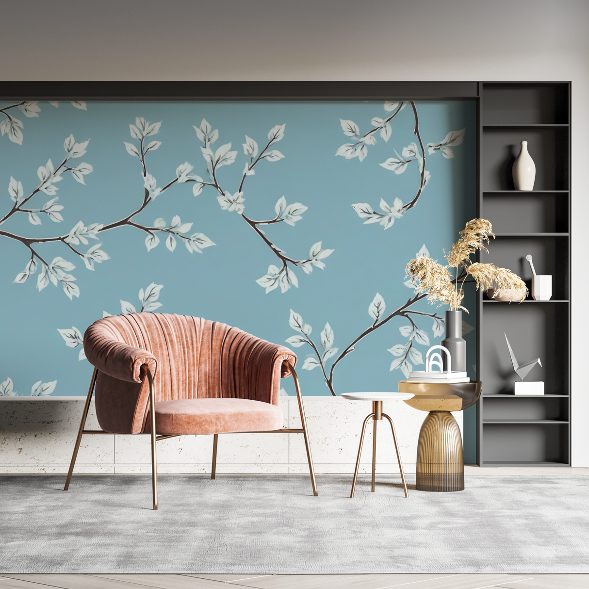 Floral Mural Wallpaper | White Leaves on Blue Background
