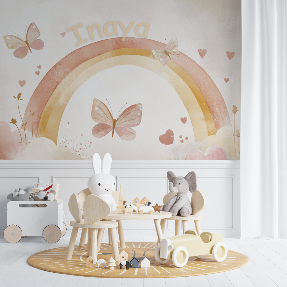 Rainbow Mural Wallpaper | Personalized Kids Name with Butterflies