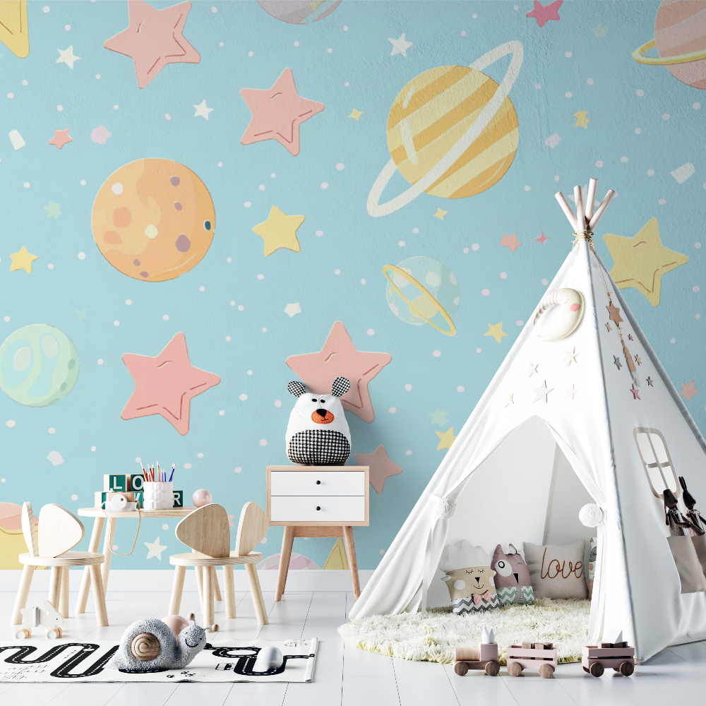 Space Mural Wallpaper | Pastel Planets and Stars Design