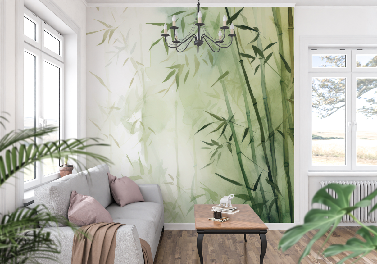 Bamboo Mural Wallpaper | Zen Green Watercolor Design